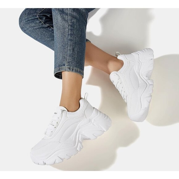 🆕 Women White Casual Lace-Up Chunky Platform Dad Comfortable Walking Sneaker - Picture 9 of 9
